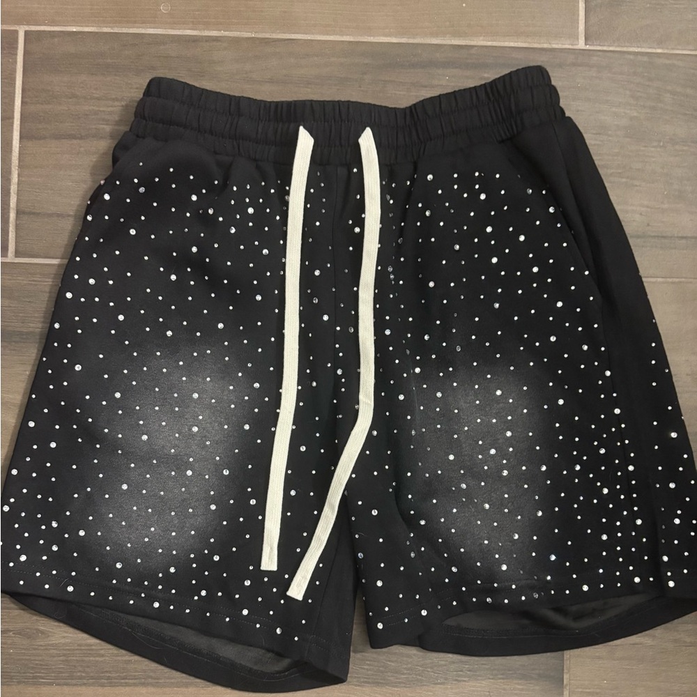 Black rhinestone acid washed shorts
